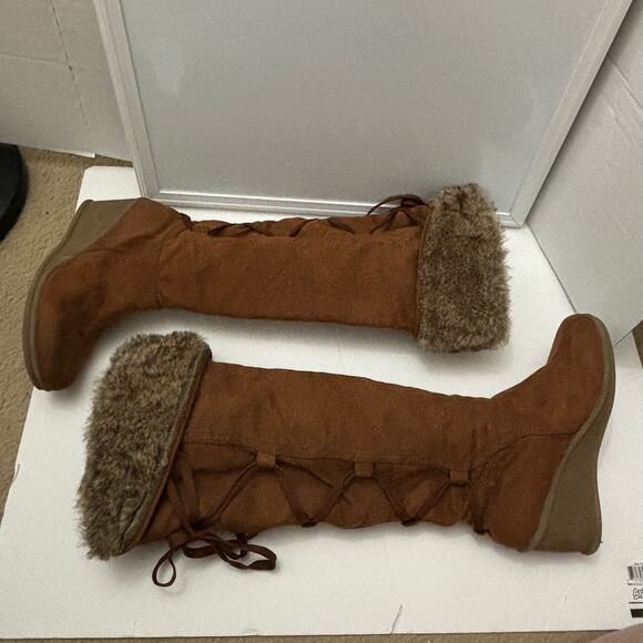 Decree DC Boulder Brown Lace Up Faux Fur Lined Knee-High Wedge Snow Boots Size 9 - Picture 4 of 12